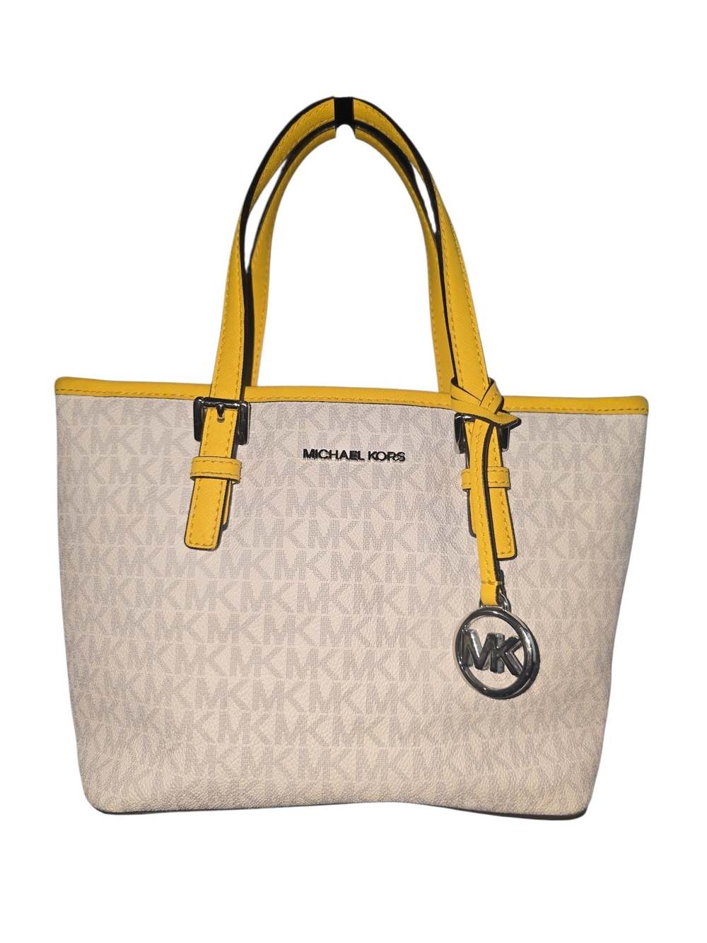 Michael Kors Beige Signature Tote with Yellow Trim